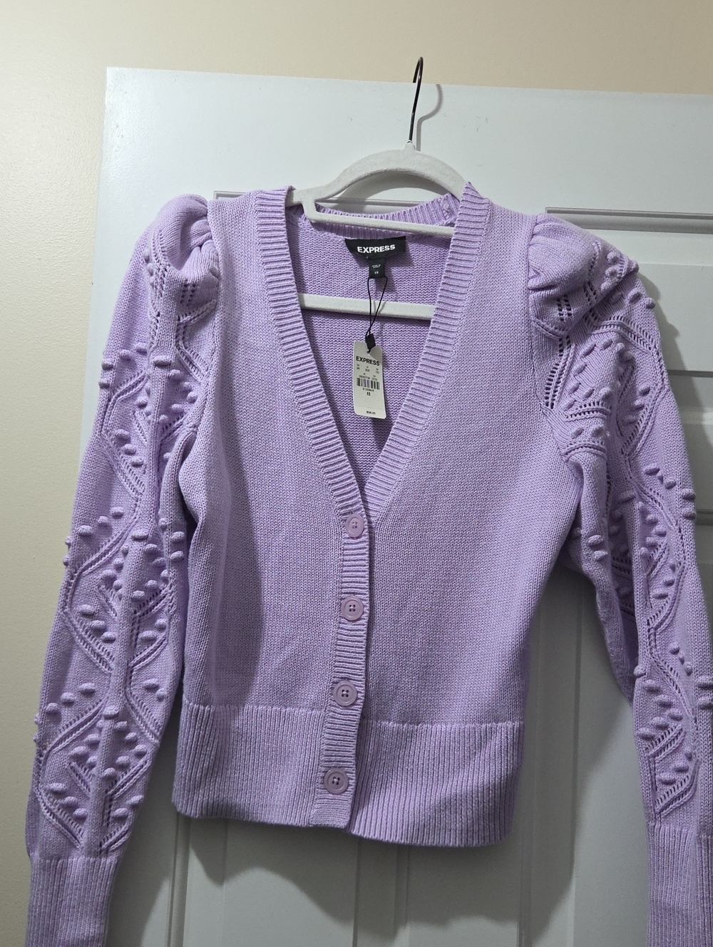 Express Lilac V-Neck Button Cardigan with Textured Sleeve Detail